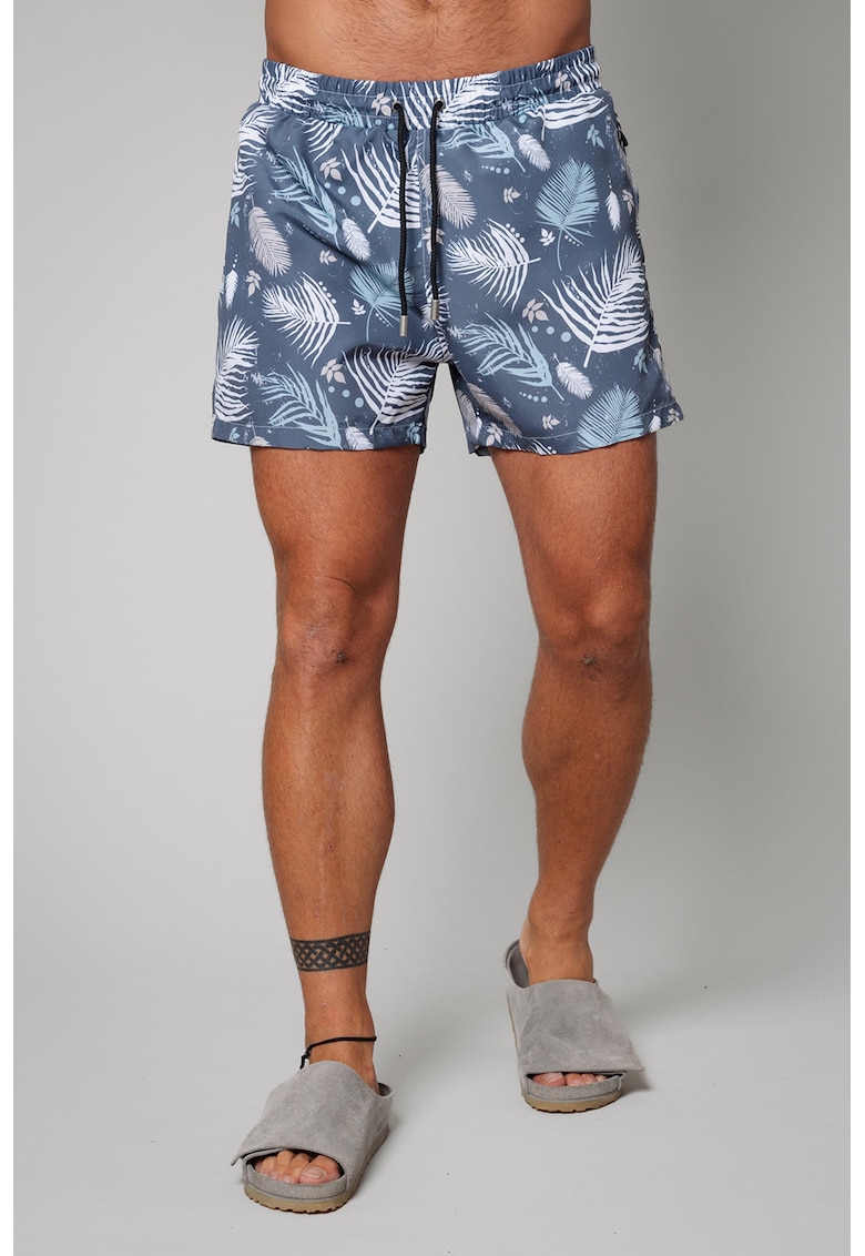 Oferte la Pantaloni scurti de baie cu model si buzunare laterale - Alb/Albastru prafuit