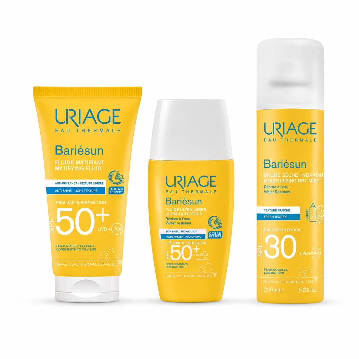 Oferte la Set Uriage Bariesun – Fluid matifiant SPF 50+, 50 ml + Fluid ultra-lejer SPF 50+, 30 ml + Spray uscat hidratant SPF 30, 200 ml