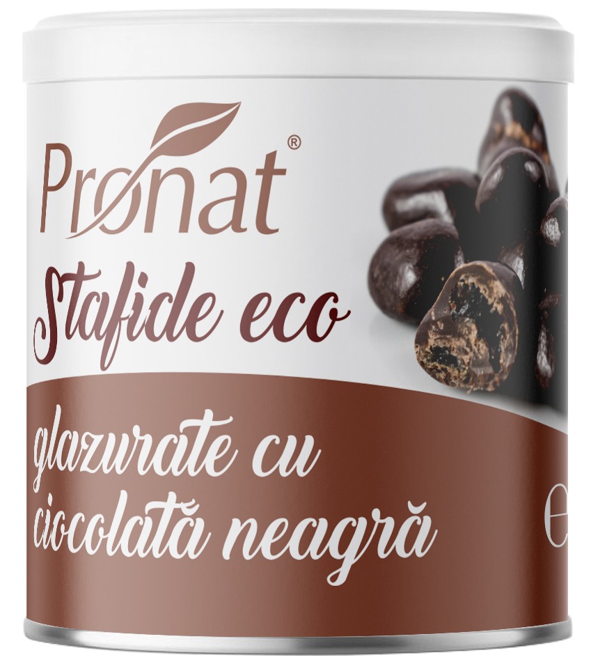 Oferte la Stafide bio glazurate cu ciocolata neagra, 100g Pronat