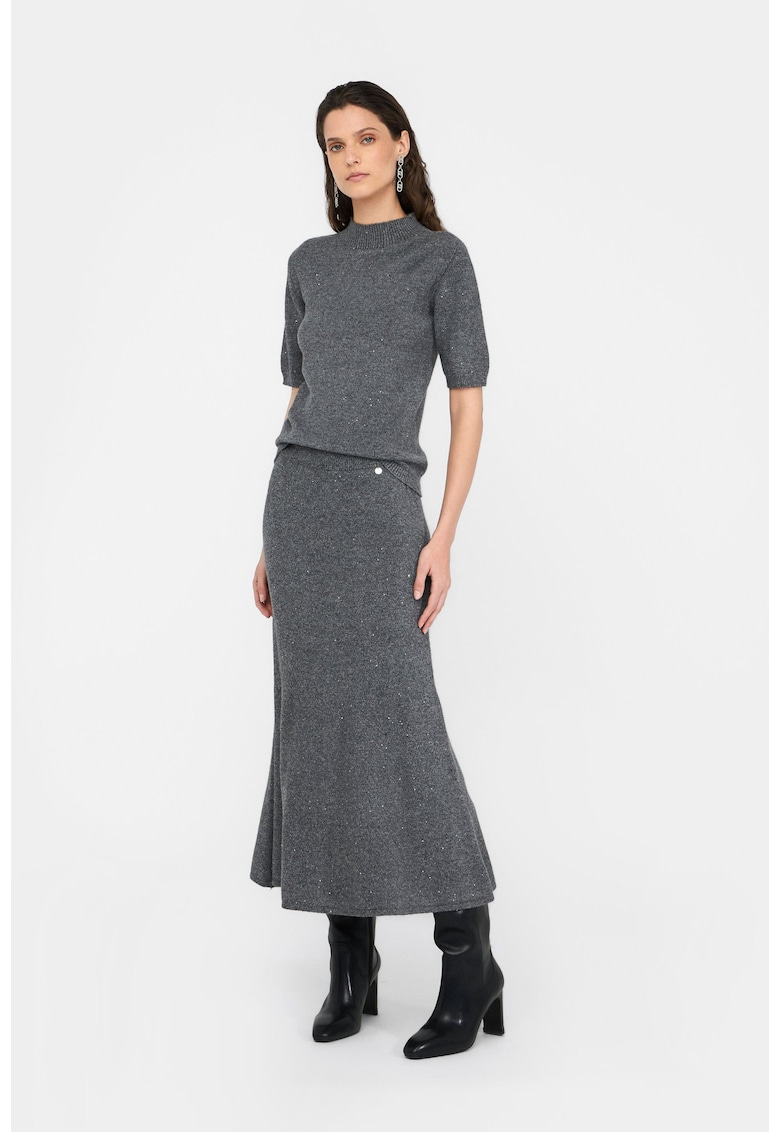 Oferte la Fusta midi tricotata cu paiete - Gri