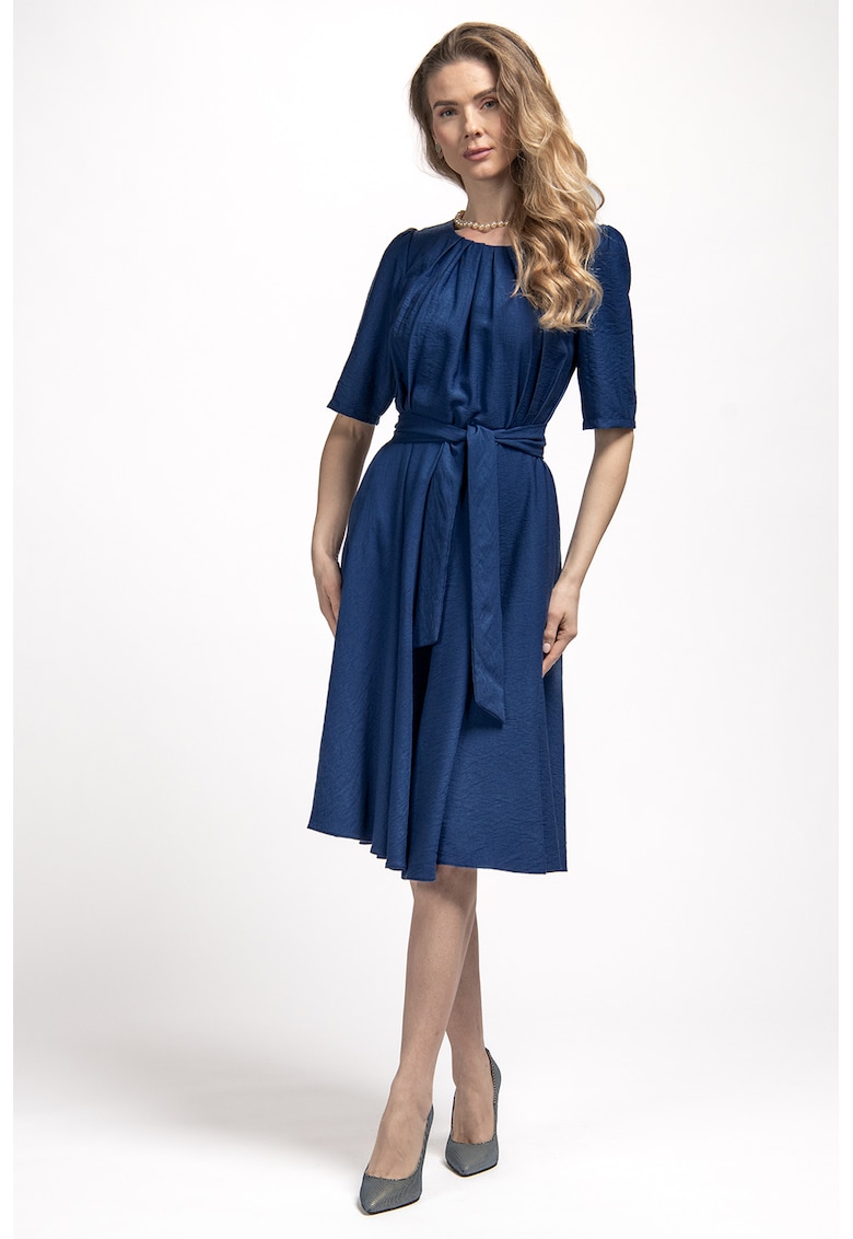 Oferte la Rochie midi evazata cu cordon in talie - Albastru