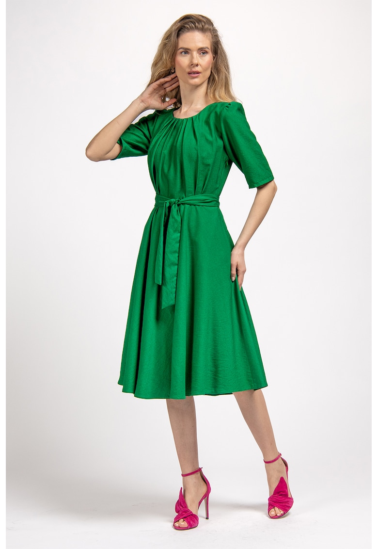 Oferte la Rochie midi evazata cu cordon in talie - Verde