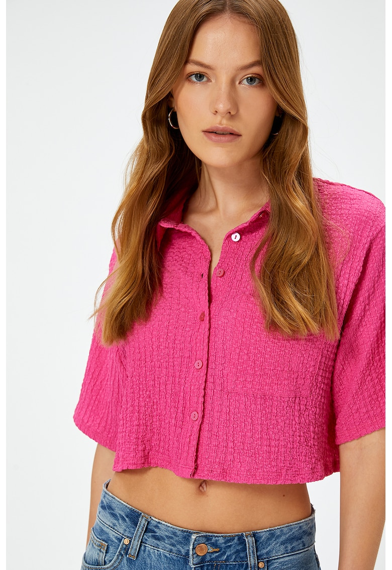 Oferte la Camasa crop cu buzunar aplicat pe piept - Fucsia