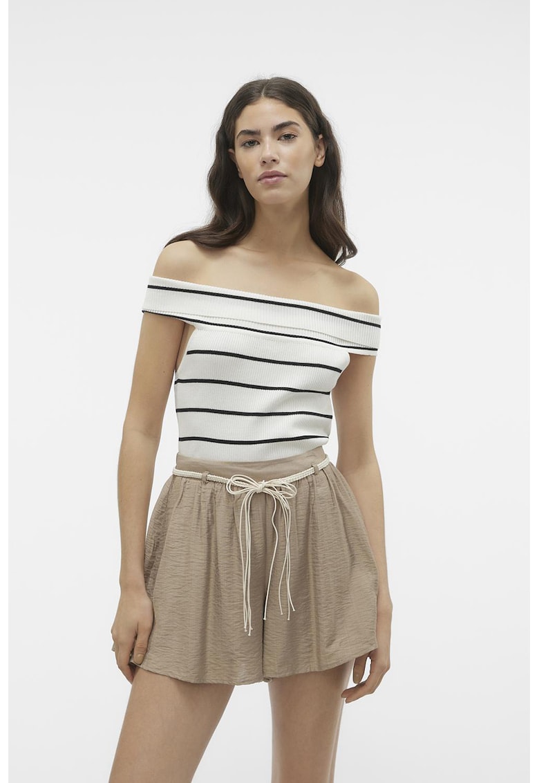 Oferte la Tricou cu model in dungi si decolteu pe umeri - Alb/Negru