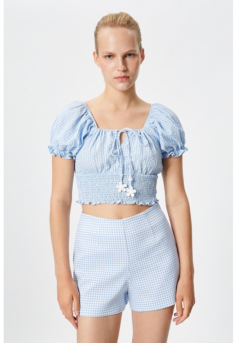 Oferte la Bluza crop in carouri - Alb/Albastru pastel