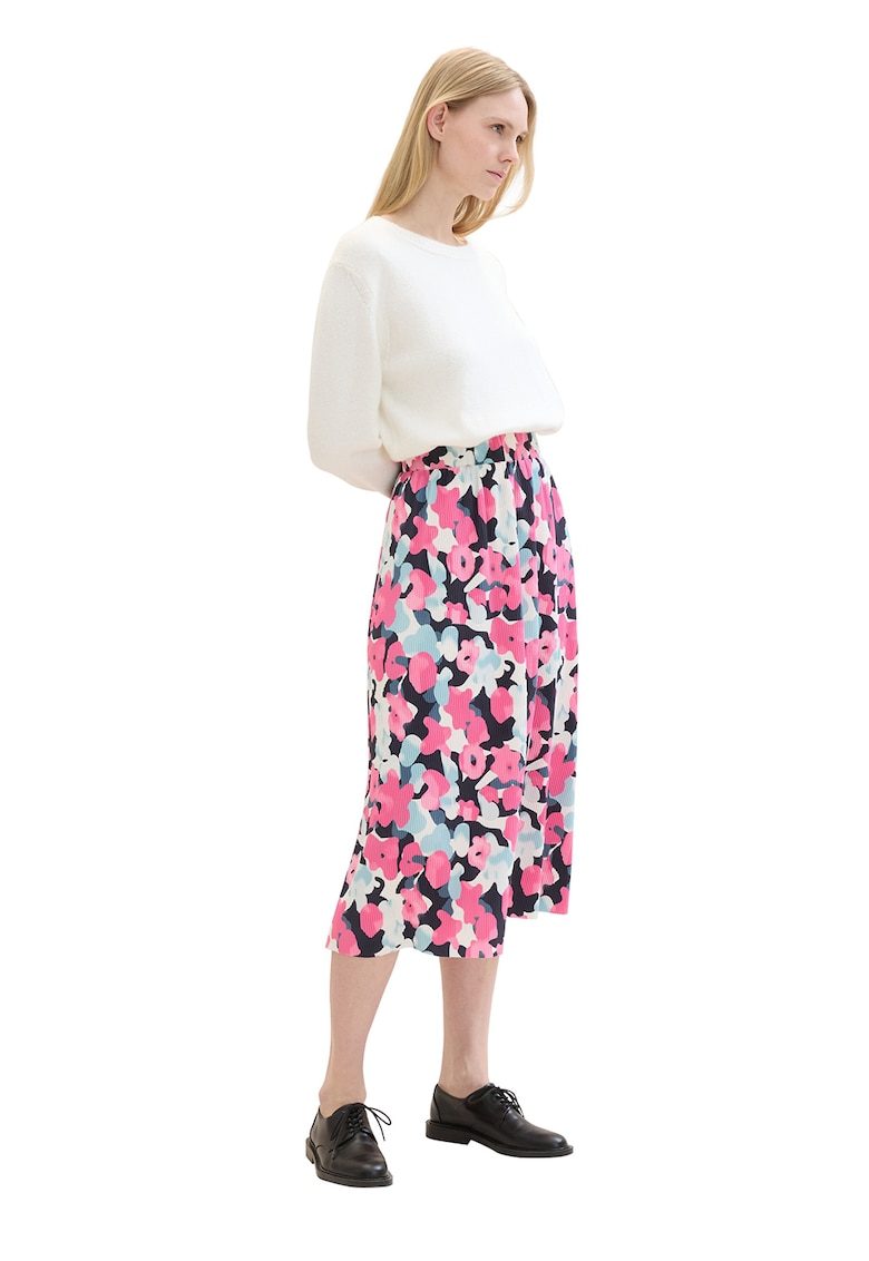 Oferte la Fusta cu imprimeu floral si striatii - Alb fildes/Fucsia/Albastru