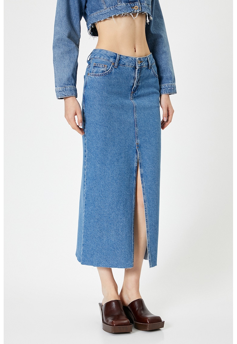 Oferte la Fusta midi din denim cu slit frontal - Albastru