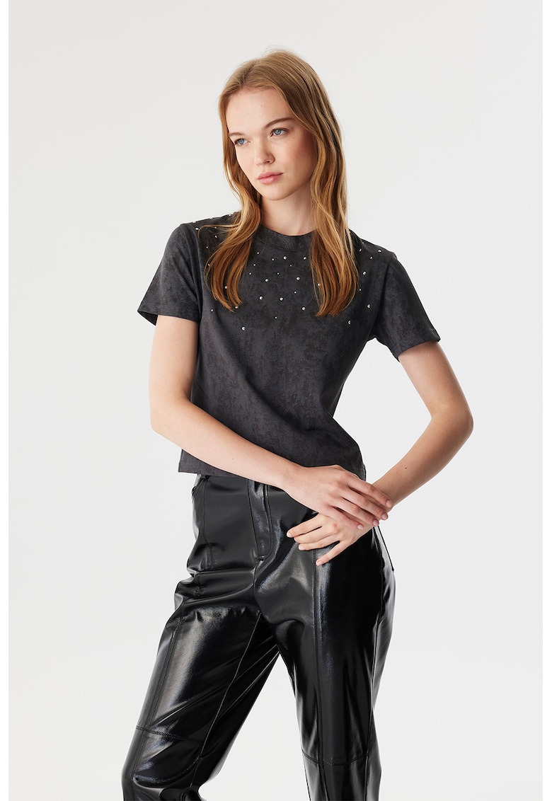 Oferte la Tricou cu aspect decolorat si strasuri - Negru/Gri