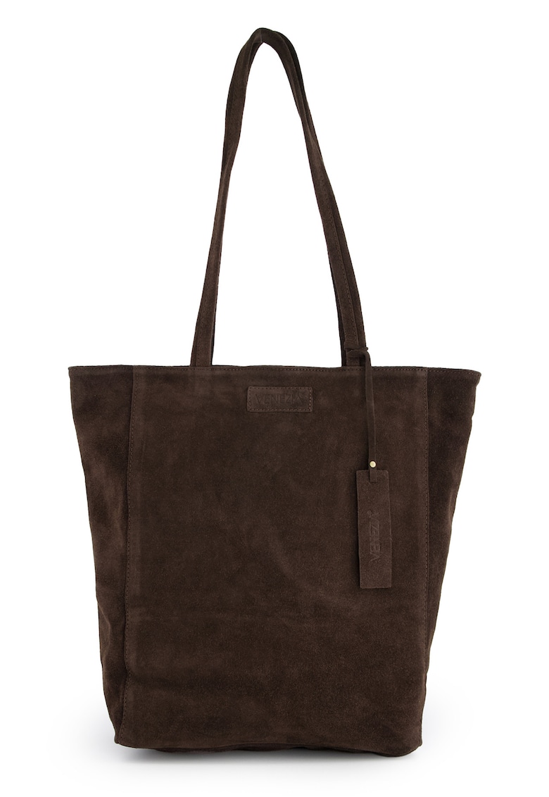 Oferte la Geanta de umar  din piele intoarsa - maro - 37x40x14cm - cu 2 buzunare interioare