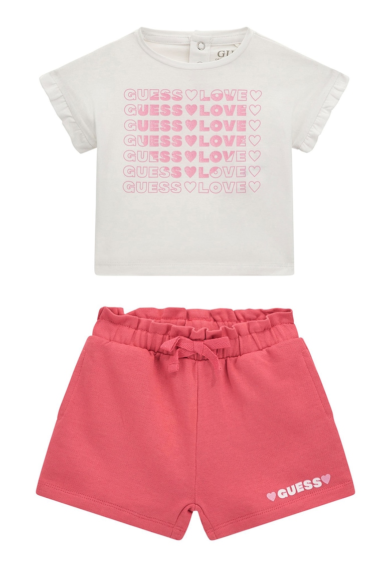 Oferte la Set de pantaloni scurti si tricou din amestec de bumbac cu imprimeu logo - 2 Piese - Alb murdar/Roz