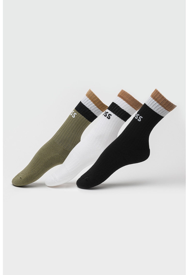 Oferte la Set de sosete din amestec de bumbac cu model logo - 3 perechi - Negru/Kaki/Maro nisip