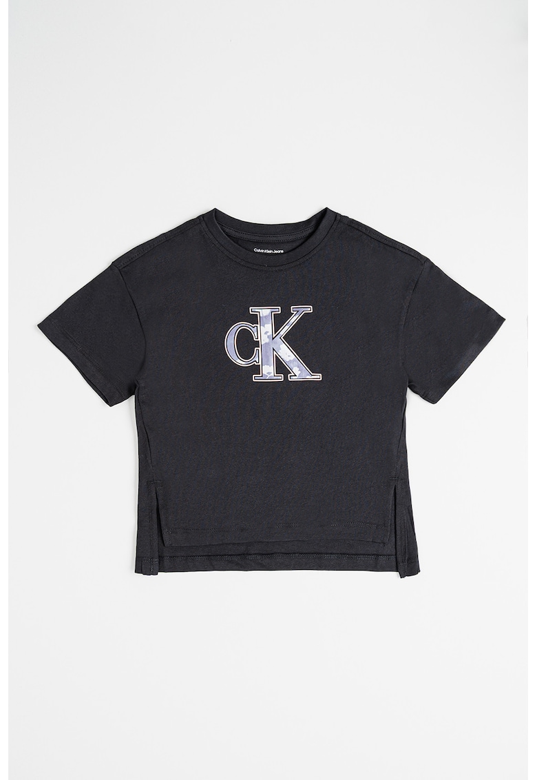 Oferte la Tricou cu decolteu la baza gatului si imprimeu logo - Negru/Roz/Violet pruna