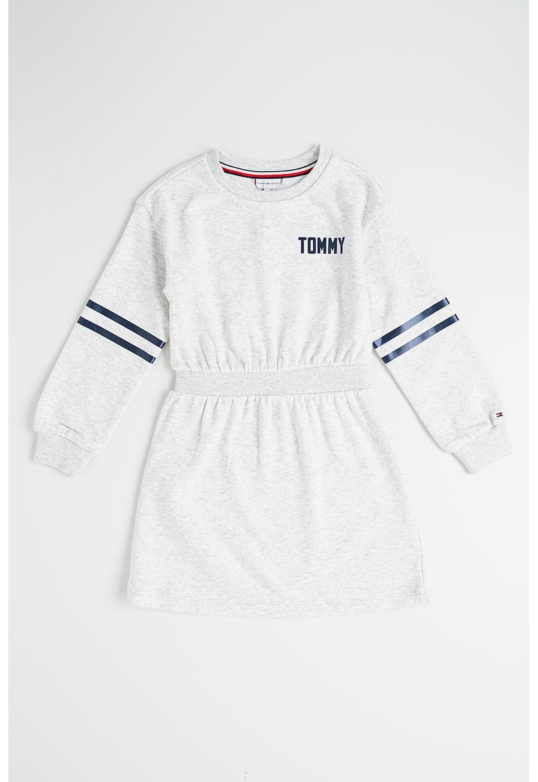 Oferte la Rochie cu maneci lungi - talie elastica si imprimeu logo - Gri melange/Bleumarin