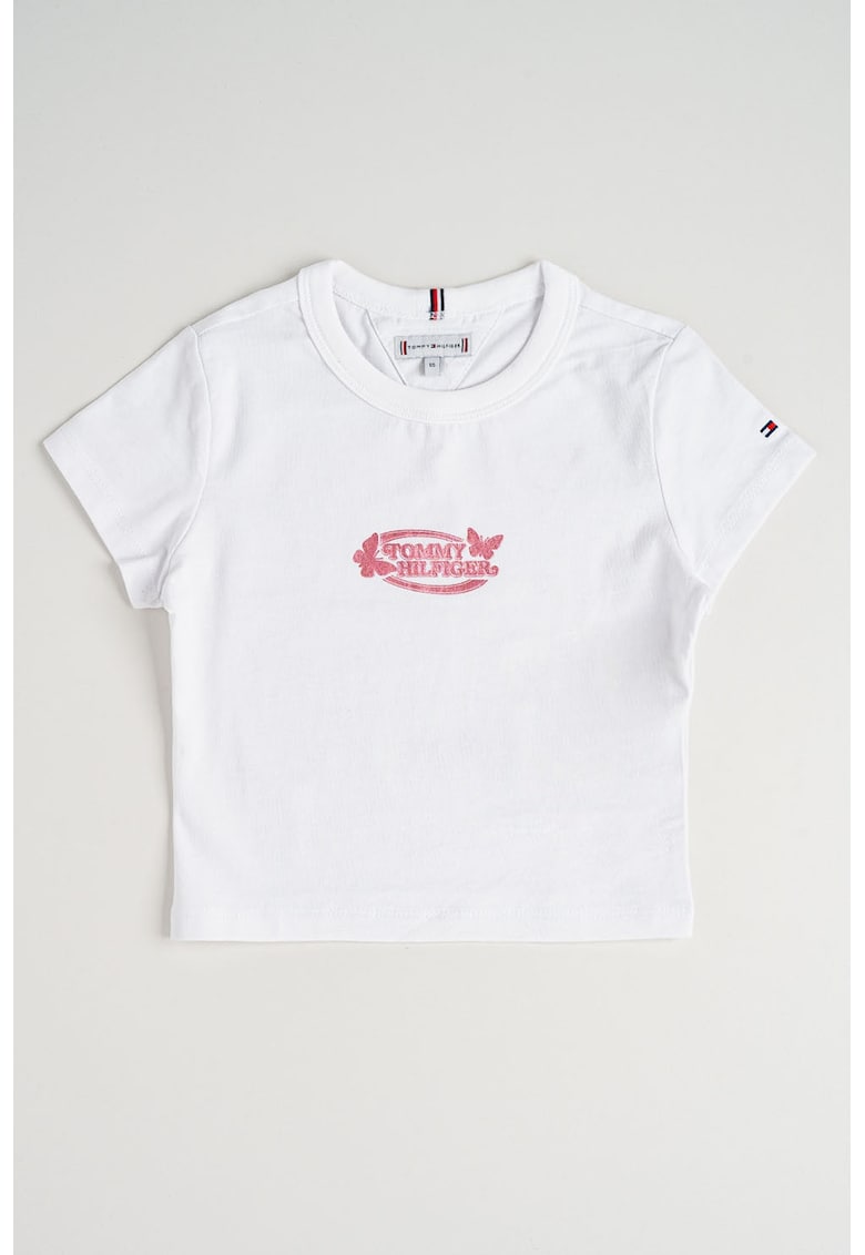 Oferte la Tricou cu decolteu la baza gatului si imprimeu logo - Alb optic/Roz
