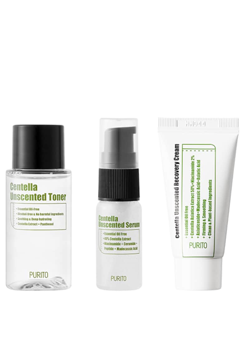 Oferte la Kit de mini produse cu Centella -  fara parfum: Toner - 30 ml + Ser - 15 ml + Crema de fata - 12 ml