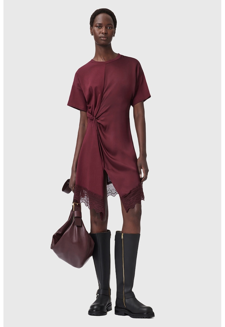 Oferte la Rochie asimetrica cu detaliu rasucit si dantela Lana - Visiniu