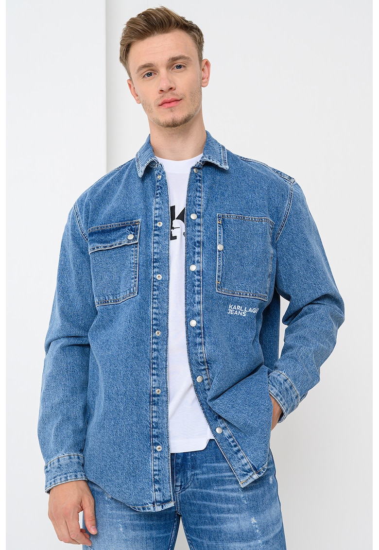 Oferte la Camasa de denim cu buzunare pe piept - Albastru