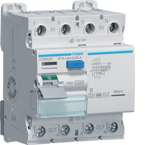 Oferte la Intrerupator diferential RCCB Hager CDB663E, 4P 63A/30mA, 10kA, tip B
