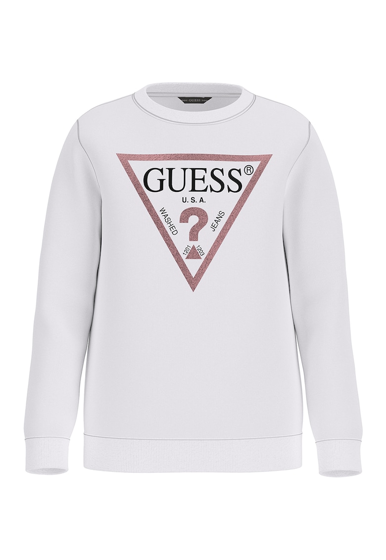 Oferte la Bluza de trening cu decolteu la baza gatului si imprimeu logo - Alb optic/Roz prafuit