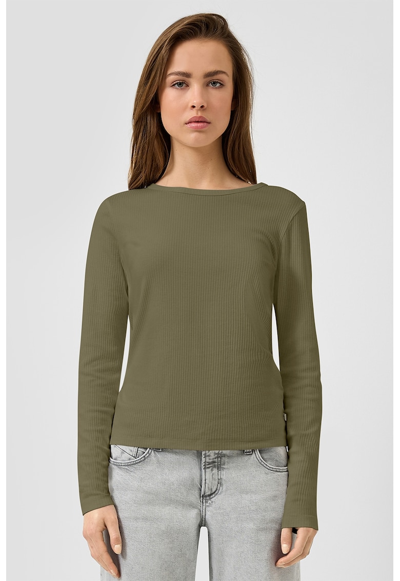 Oferte la Bluza striata cu decolteu la baza gatului - Kaki