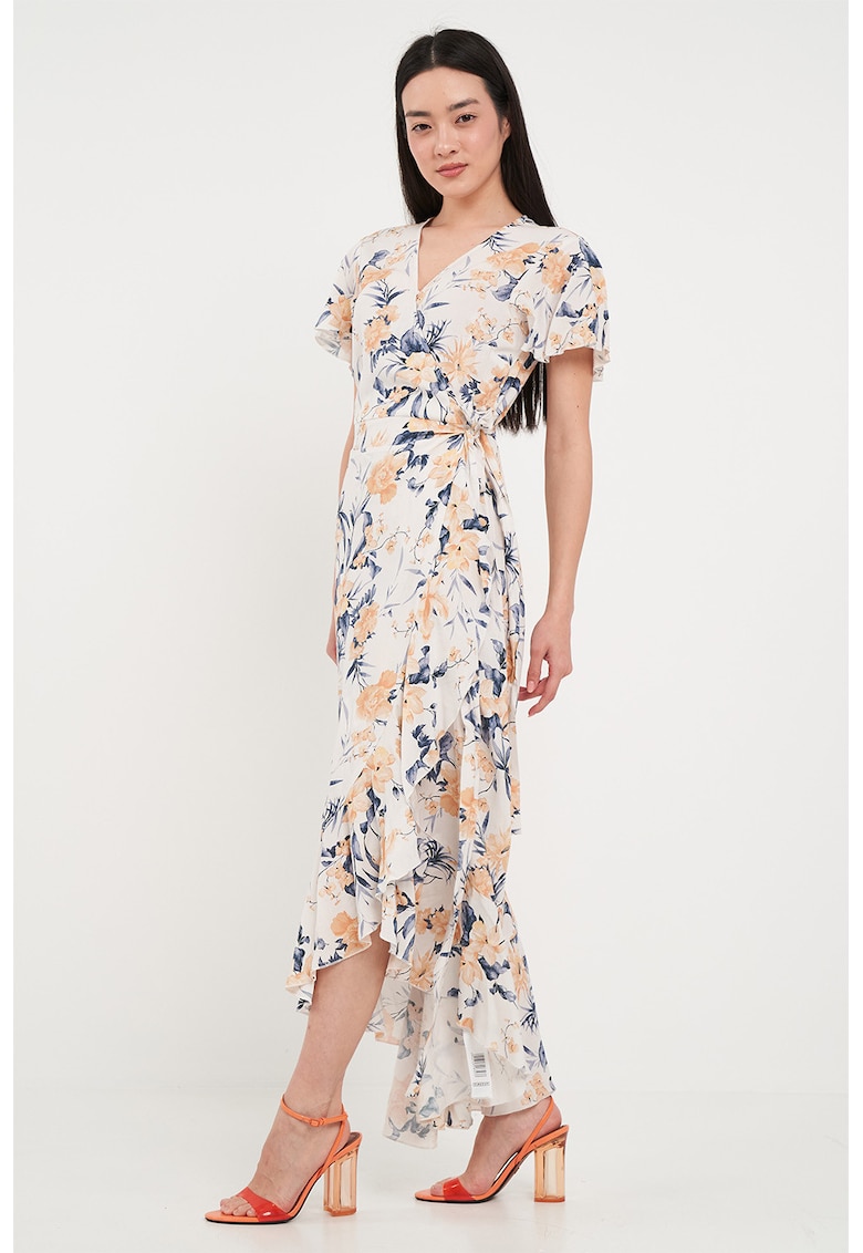 Oferte la Rochie cu decolteu in V si terminatie asimetrica - Albastru inchis/Piersica/Alb murdar