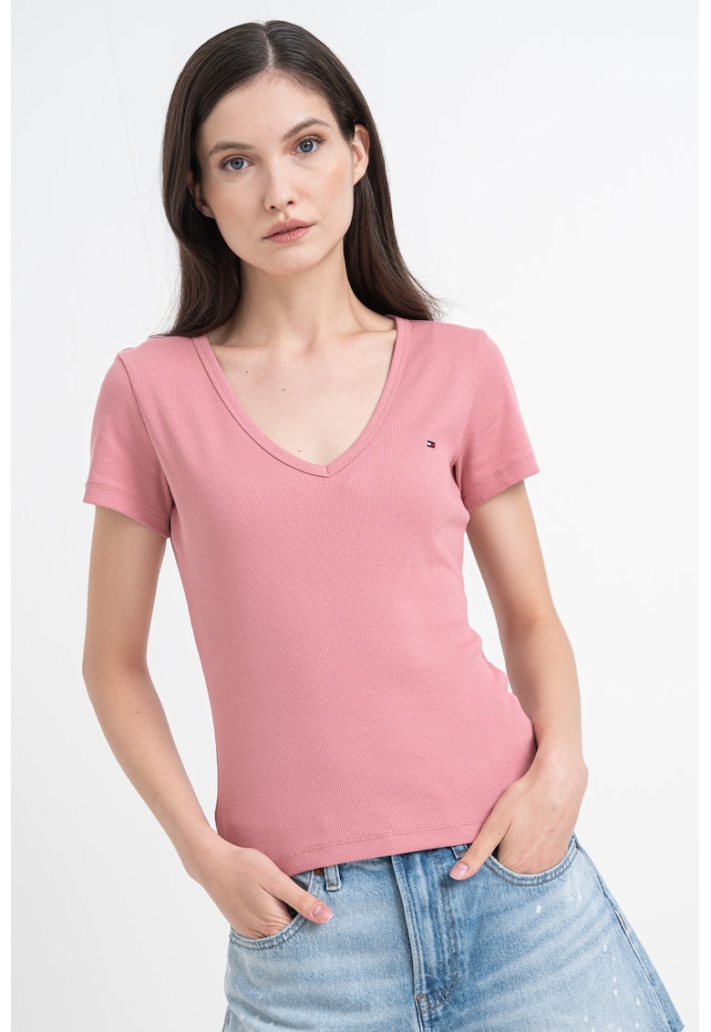 Oferte la Tricou striat cu decolteu in V - Roz/Roz prafuit