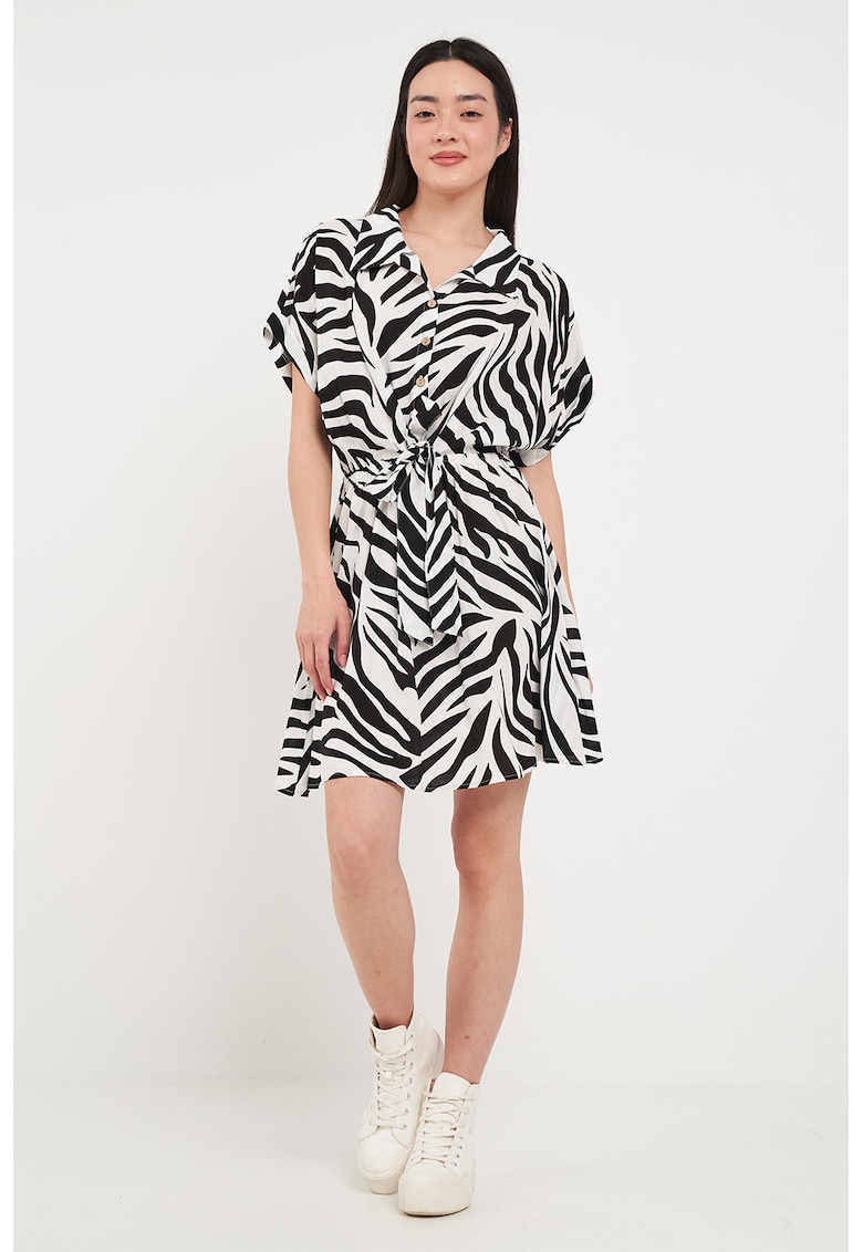 Oferte la Rochie mini evazata cu nasturi si zebra - Alb/Negru