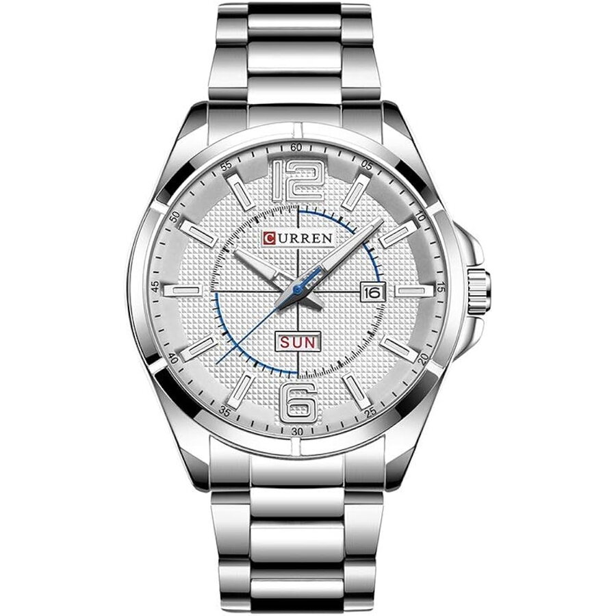Ceas barbatesc Quartz, Curren cu afisaj data si zi a saptamanii, Inox