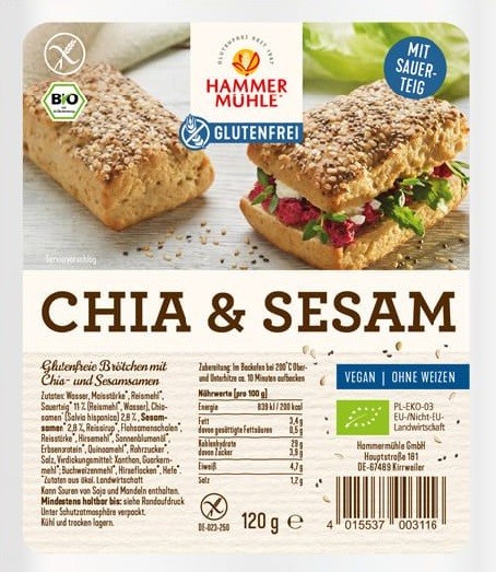 Oferte la Chifle fara gluten cu seminte de chia si susan, 120g, Hammer Muhle