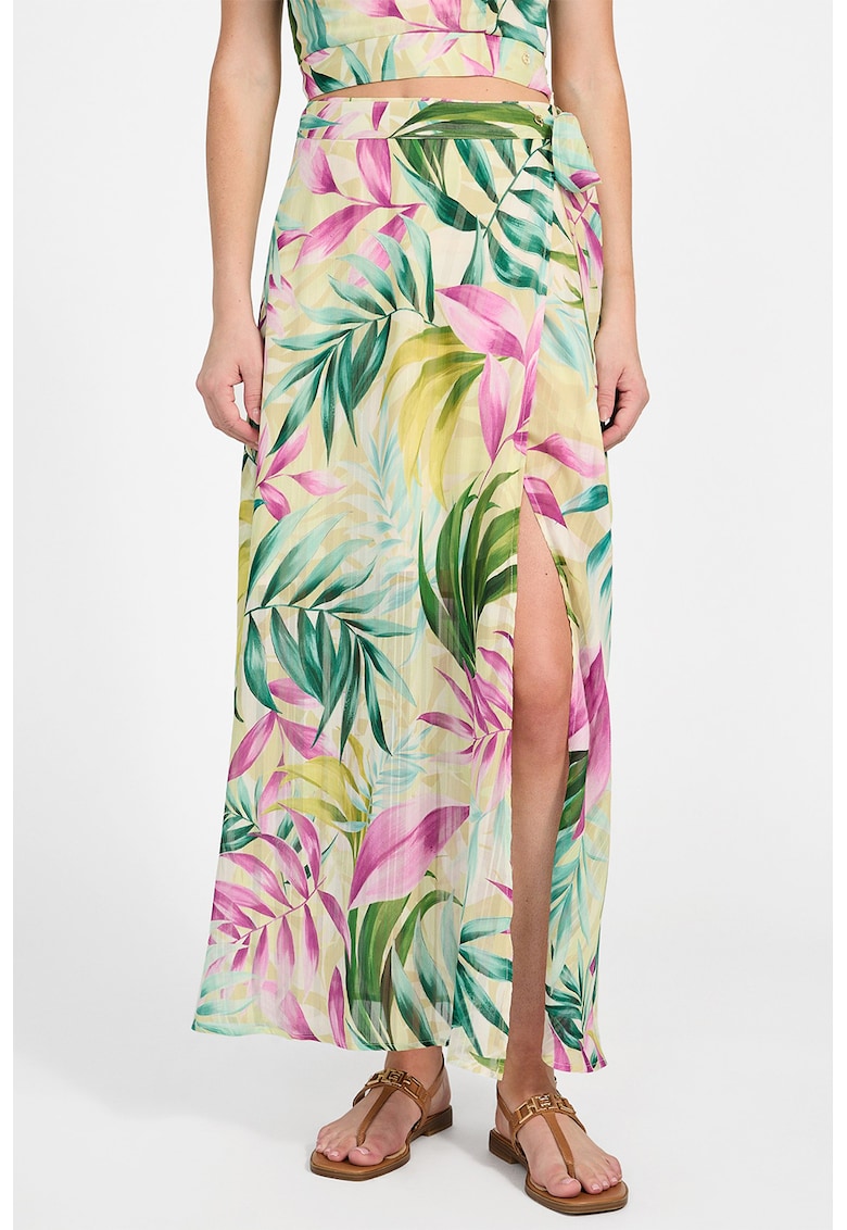 Oferte la Fusta maxi cu model tropical - Galben pal/Roz/Verde persan