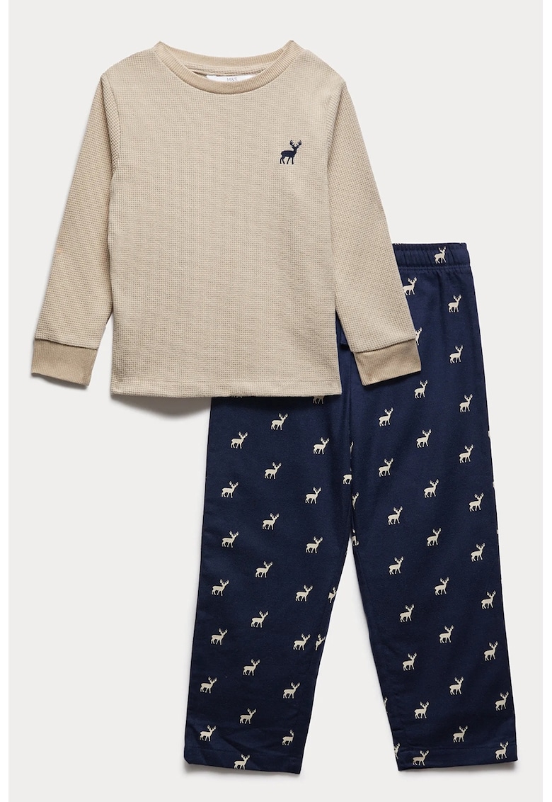 Oferte la Pijama cu model si pantaloni lungi - Bej deschis/Bleumarin