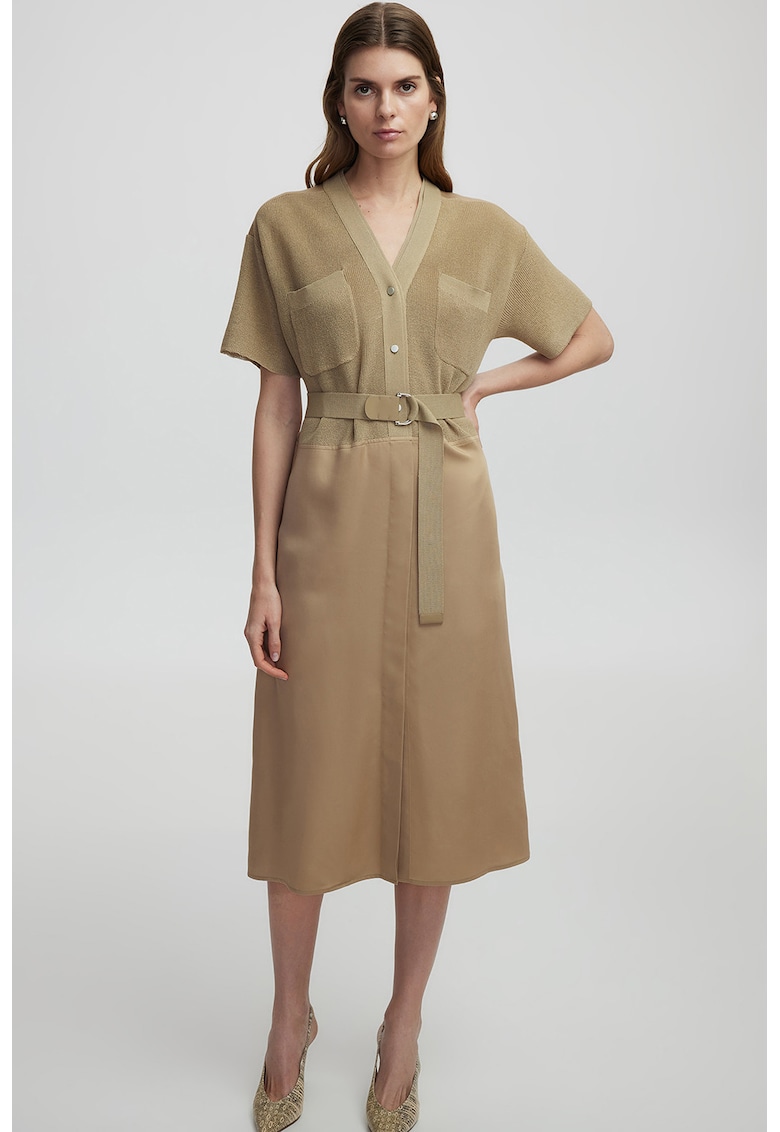 Oferte la Rochie cu decolteu in V si buzunare pe piept - Kaki/Maro nisip