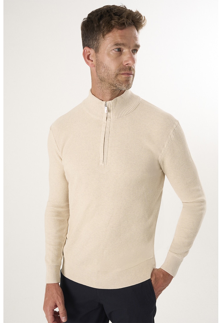Oferte la Pulover slim-fit cu fenta cu fermoar - Bej inchis