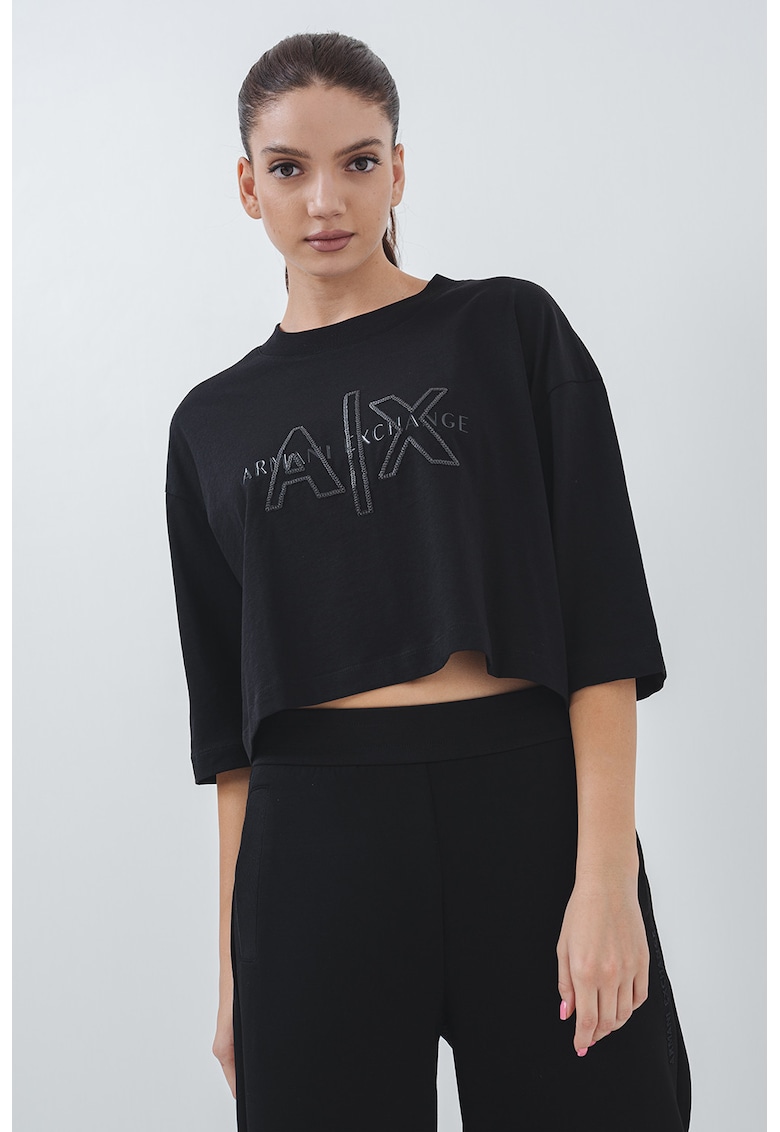 Oferte la Tricou crop cu decolteu la baza gatului - Negru