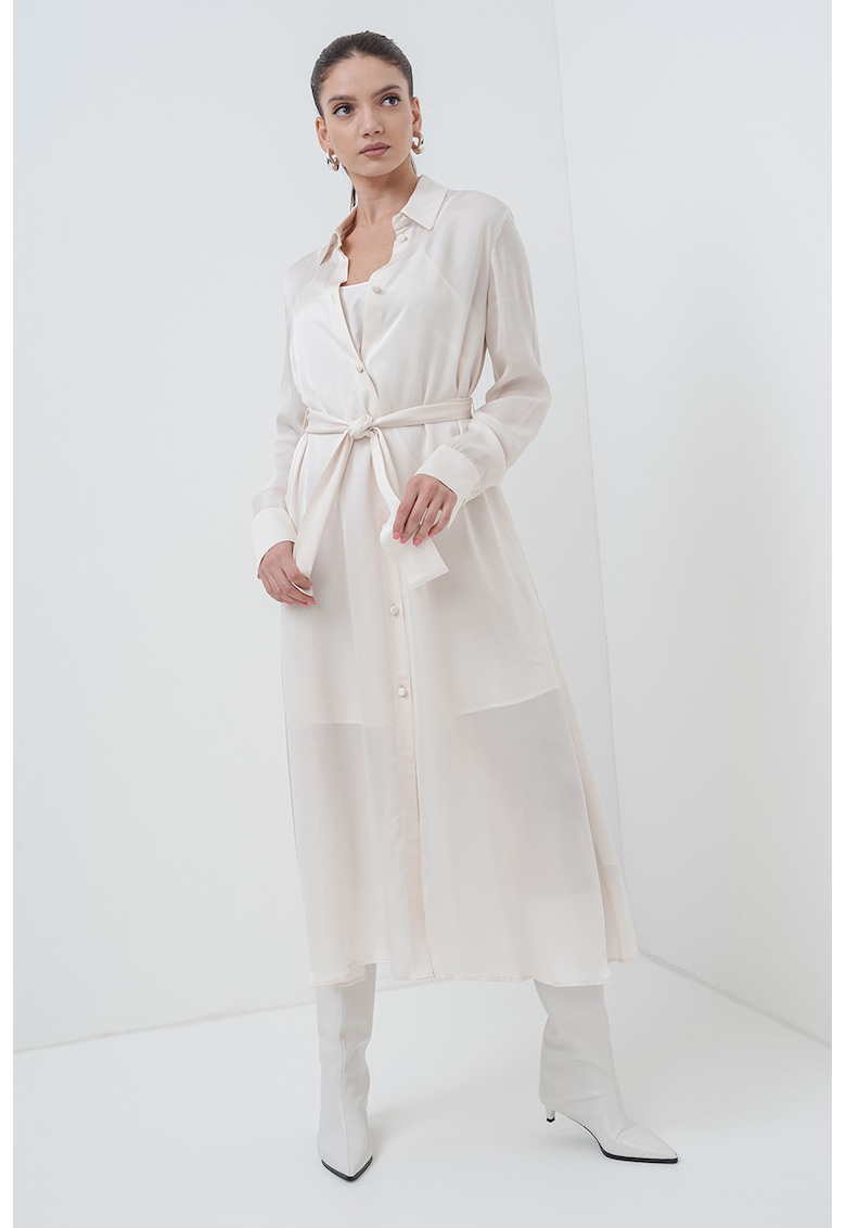 Oferte la Rochie cu cordon si maneci lungi - Crem