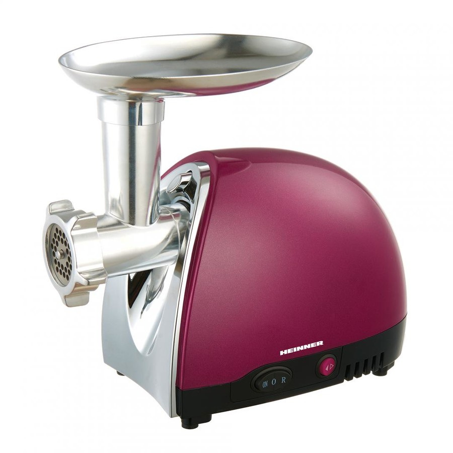 Oferte la Masina de tocat HEINNER MG1500TA-BG1600W, functie reverse, accesoriu pentru carnati, trei site de taiere, cutit din inox,  visiniu