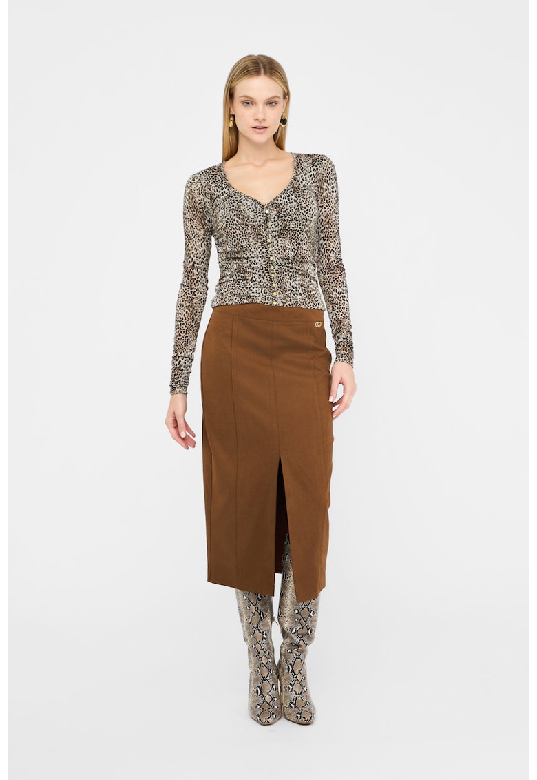 Oferte la Fusta midi cu slit frontal - Maro cognac