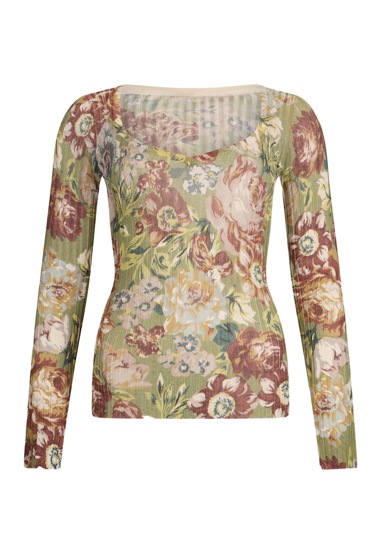 Oferte la Bluza cambrata si model floral - Rosu/Verde/Crem