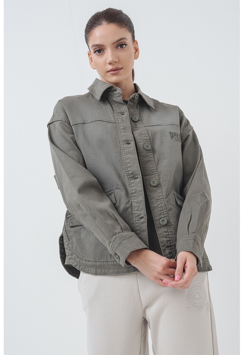 Oferte la Jacheta-camasa lejers din denim cu maneci cazute - Verde sparanghel