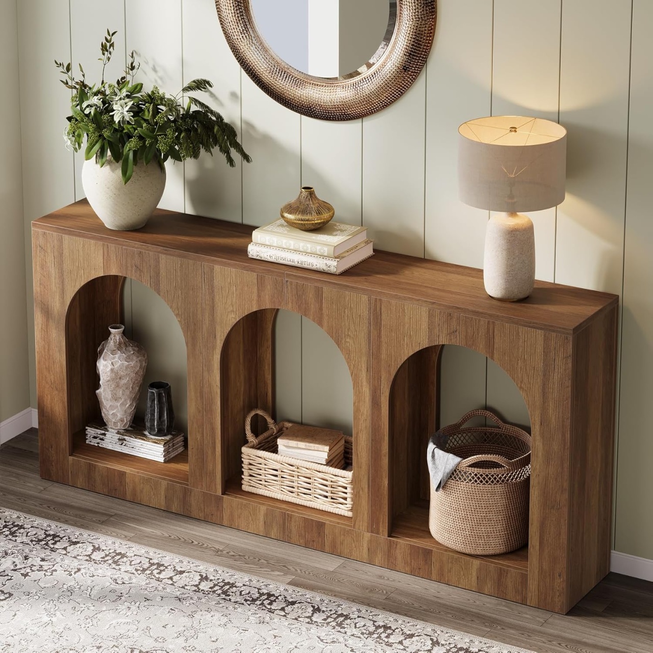 Oferte la MAM28 - Masa Consola, 160 cm, masuta hol cu arcade, living, dining, dormitor, Imitatie Semineu - Maro