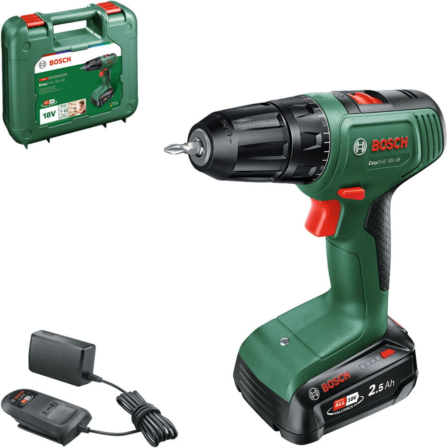 Oferte la Bosch Powertools cordless drill/driver EasyDrill 18V-38 (green/black, Li-ion battery 2.5Ah, case, POWER FOR ALL ALLIANCE)