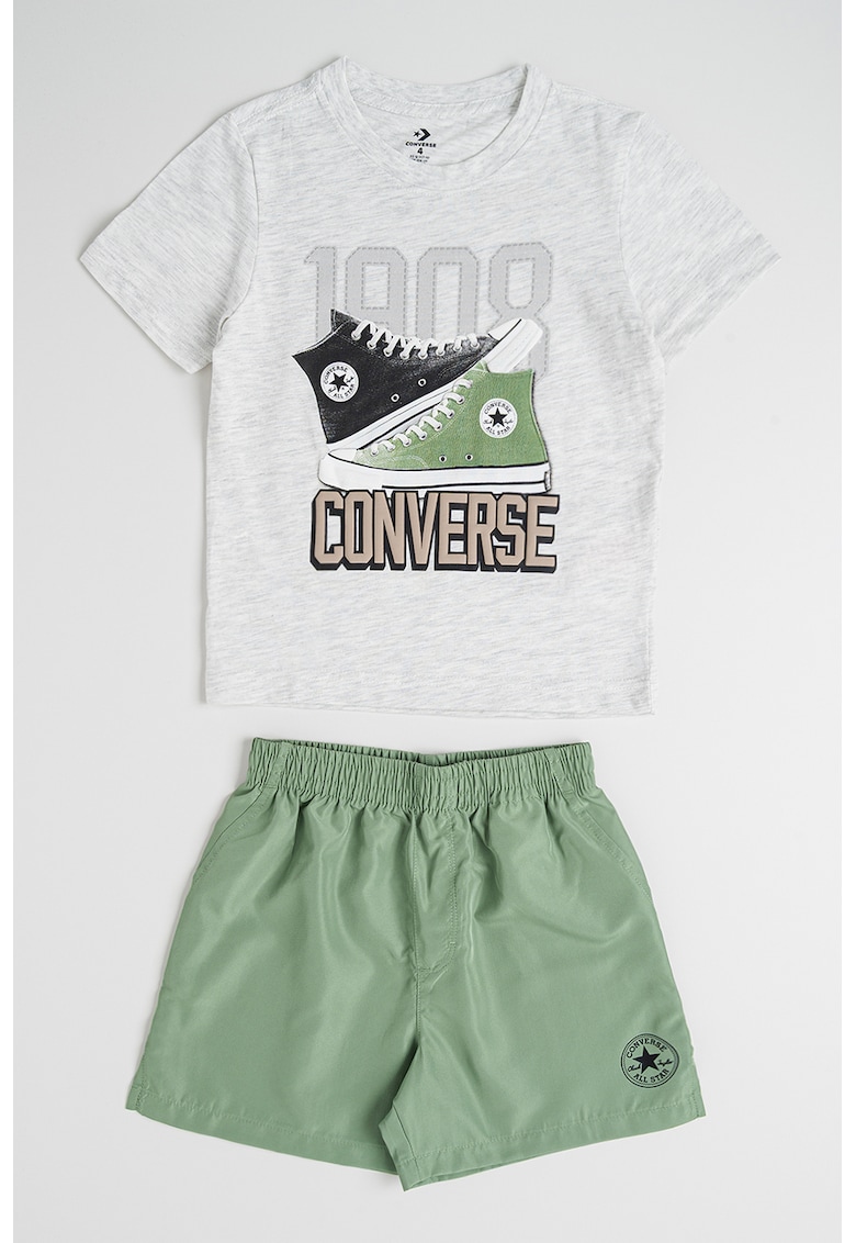 Oferte la Set de tricou cu model grafic si pantaloni scurti Retro - Verde/Gri deschis