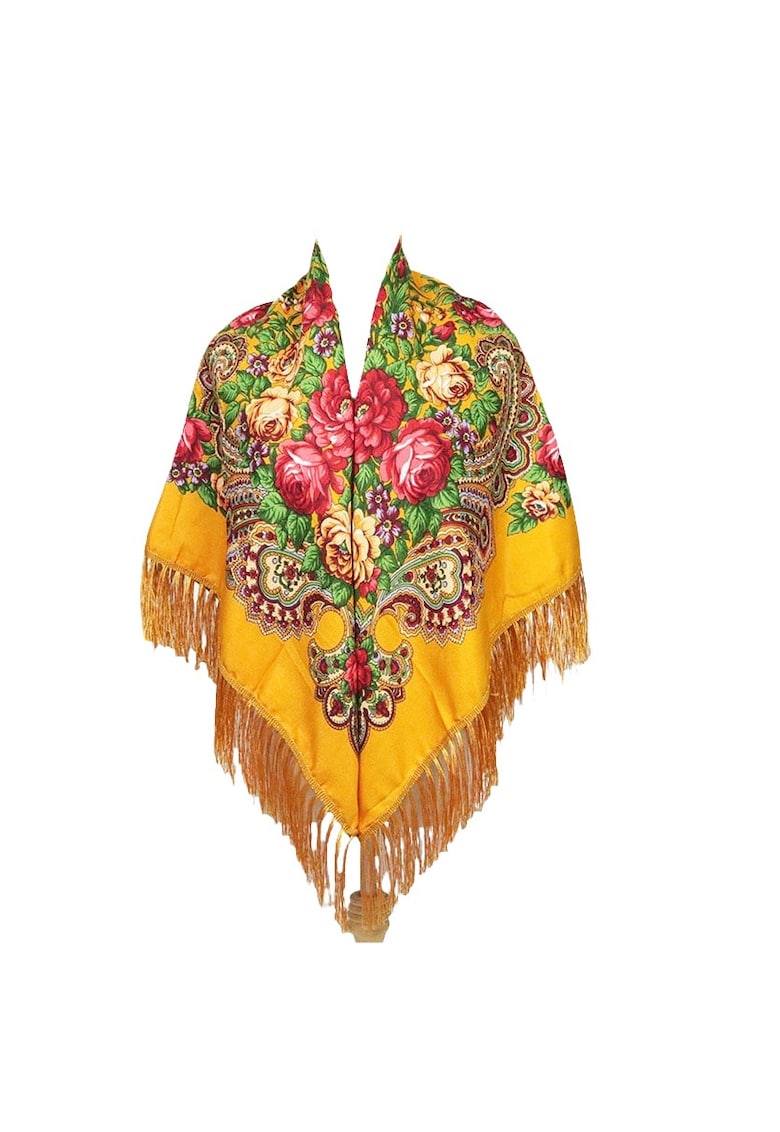 Oferte la Esarfa patrata - galbena - cu franjuri si imprimeu floral - Anka C3 -