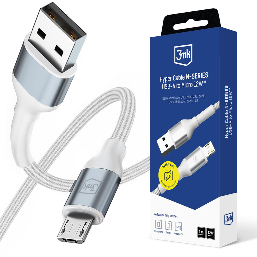Oferte la Cablu de date Hyper N-SERIES, USB-A la Micro-USB, 12W, 2.4A, 1m, Alb