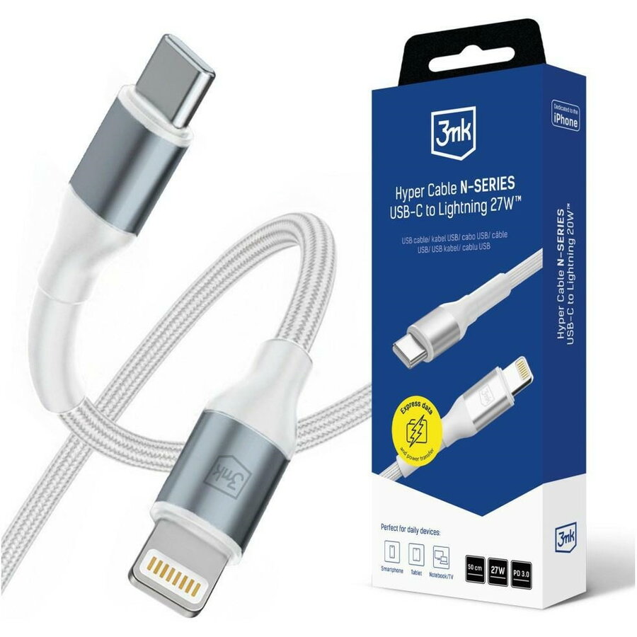 Oferte la Cablu de date Hyper N-SERIES, USB-C la Lightning, 27W, 3A, 0.5m, Alb