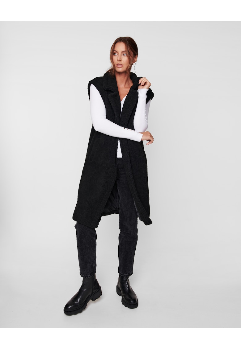 Oferte la Vesta lunga cu blana sharling sintetica si revere decupate Bella Borg 2847 - Negru
