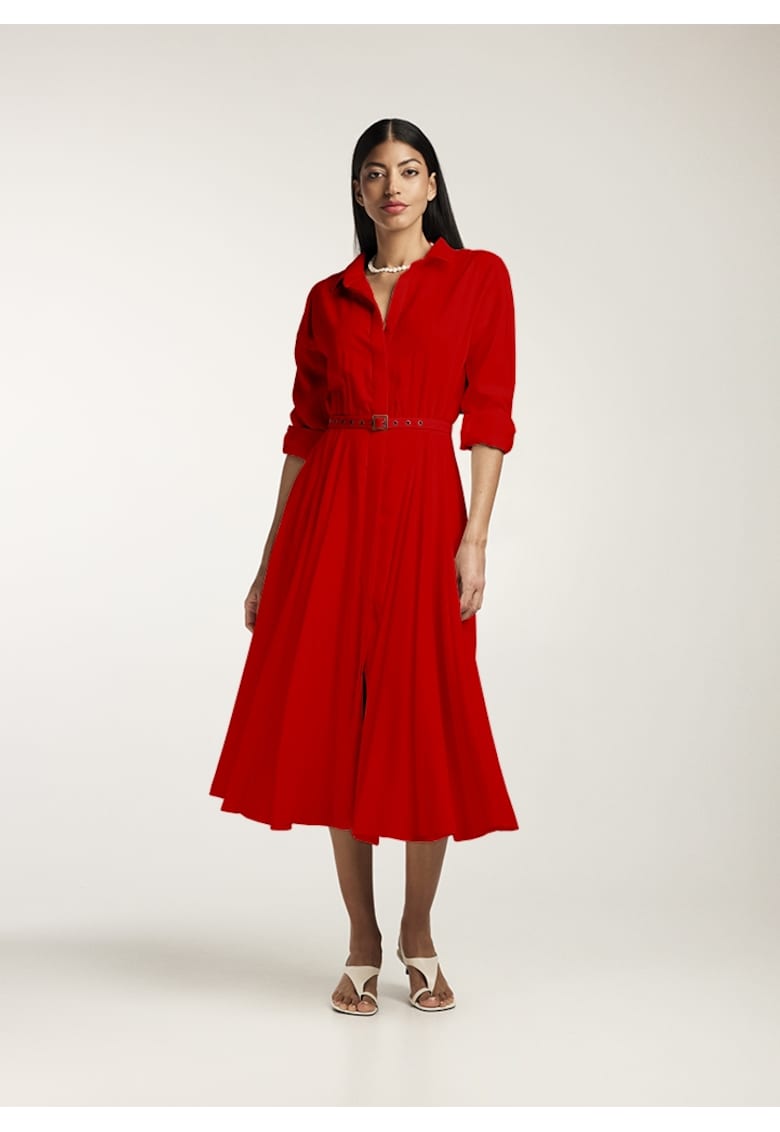 Oferte la Rochie-camasa midi cu pliuri si o curea - Rosu