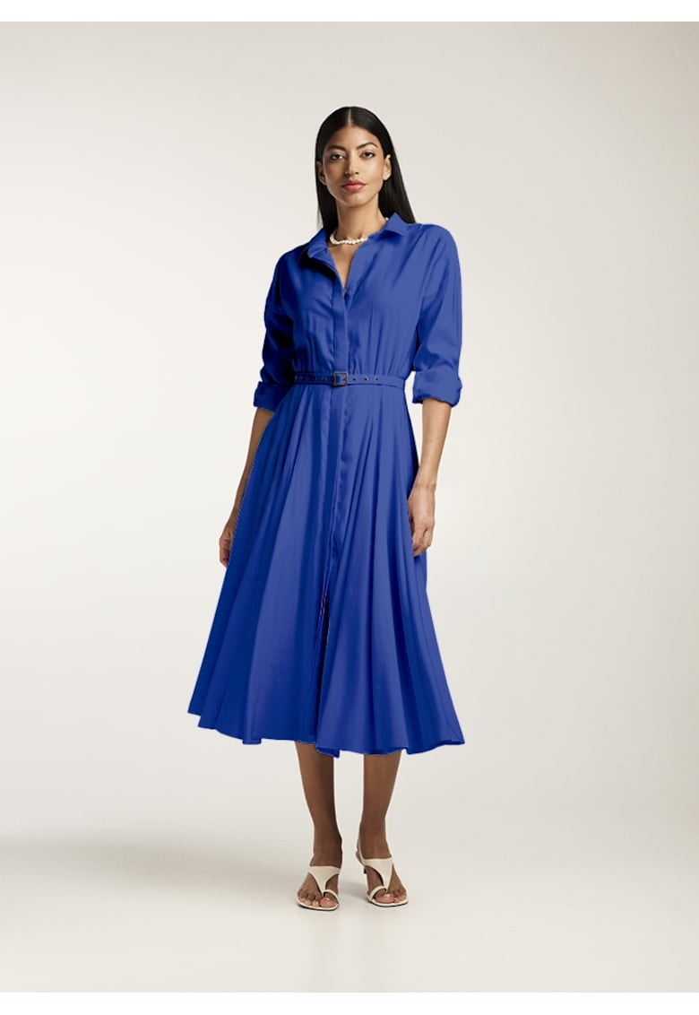 Oferte la Rochie-camasa midi cu pliuri si o curea - Albastru