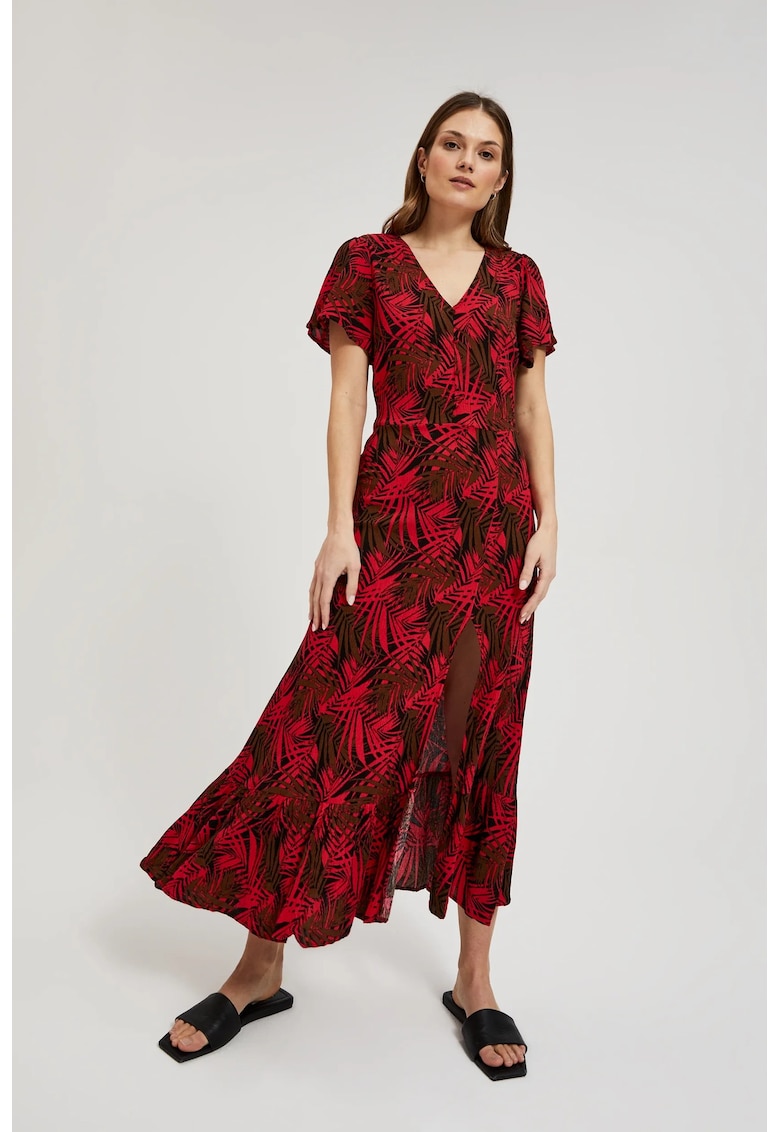 Oferte la Rochie cu decolteu in V si imprimeu tropical  L-SU-4345 - Rosu
