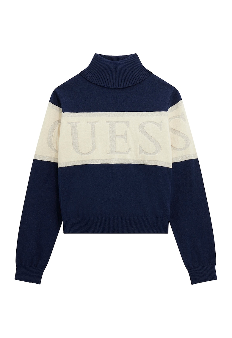 Oferte la Pulover cu model logo si guler inalt - Crem/Bleumarin